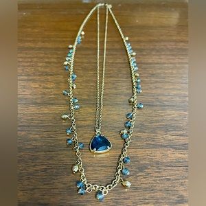 Banana Republic Gold Tone Two Tier Necklace with Sapphire Blue Gem Pendant